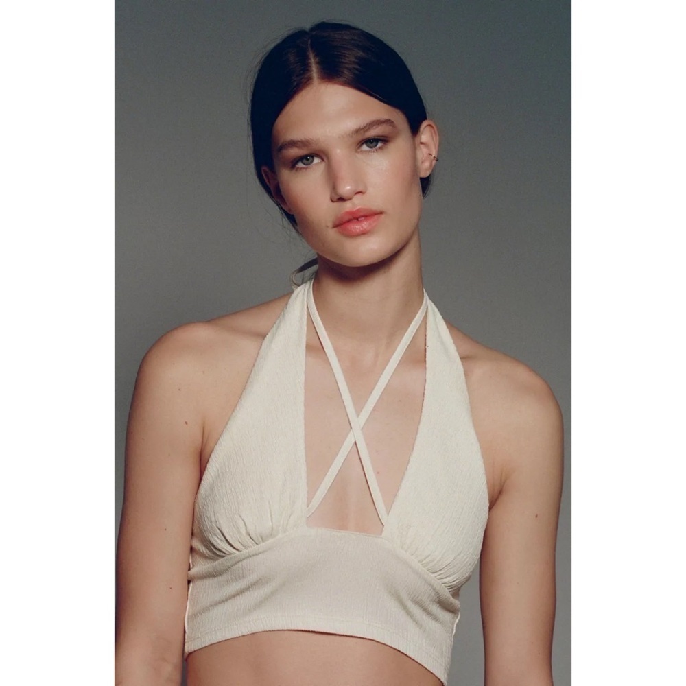 NWT Urban Outfitters Valeria Halter Top Creme textured strappy bralette S Small